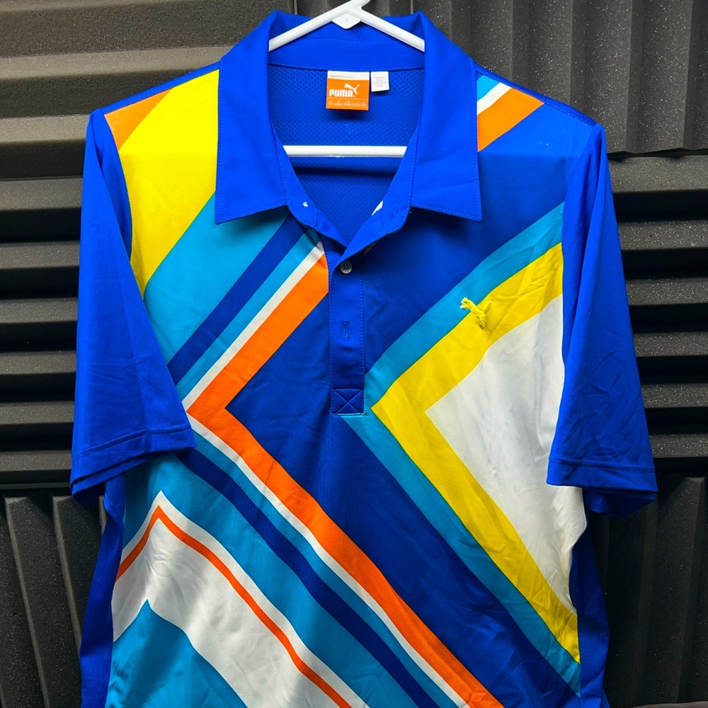 Puma Golf Polo Shirt XL Dry Cell Rickie Fowler Blue / White Stripe